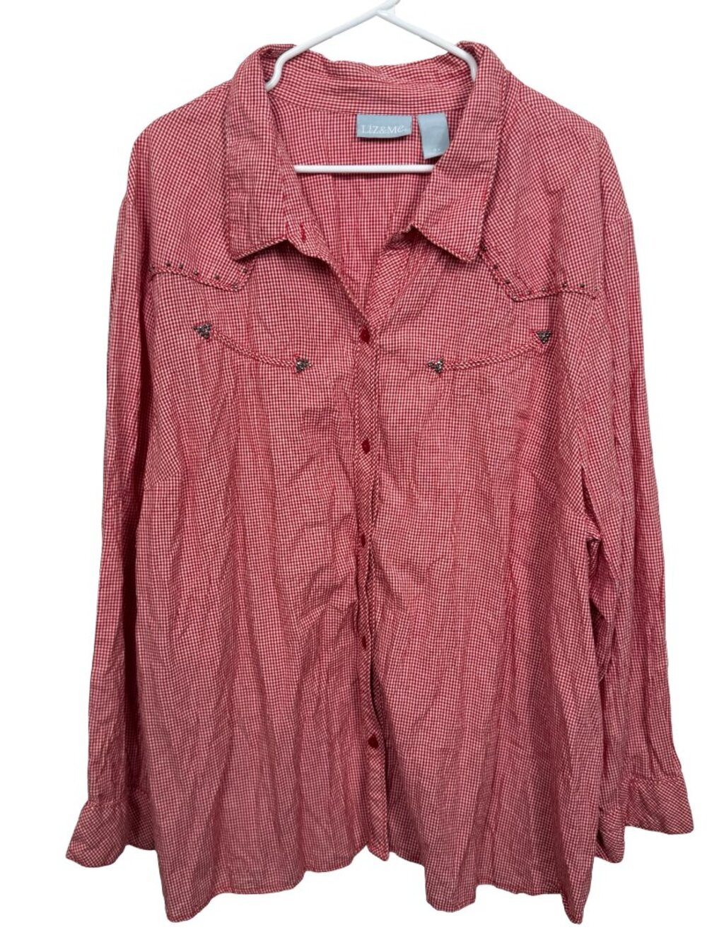 Liz & Me Top Button Up Womens 4X Red Gingham Studded Western Country Yoke Plus